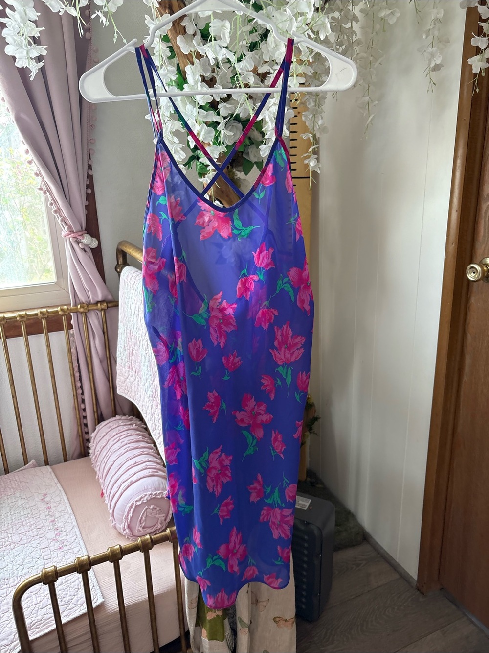 Barbizon vintage Purple Floral Slip Dress with Pink & Green Blooms